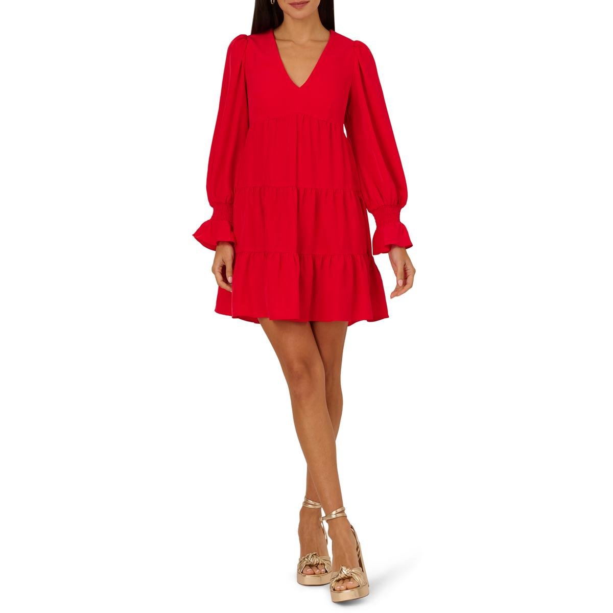 Adrianna Papell Womens V-Neck Tiered Mini Dress