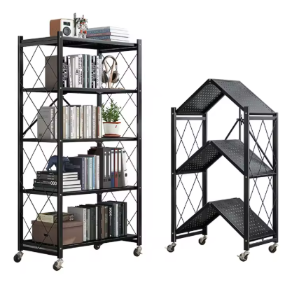 Iron Metal Home Kitchen Rack Storage Shelf With Wheel Extra Large Capacity Foldable Metal Household Storage Rack